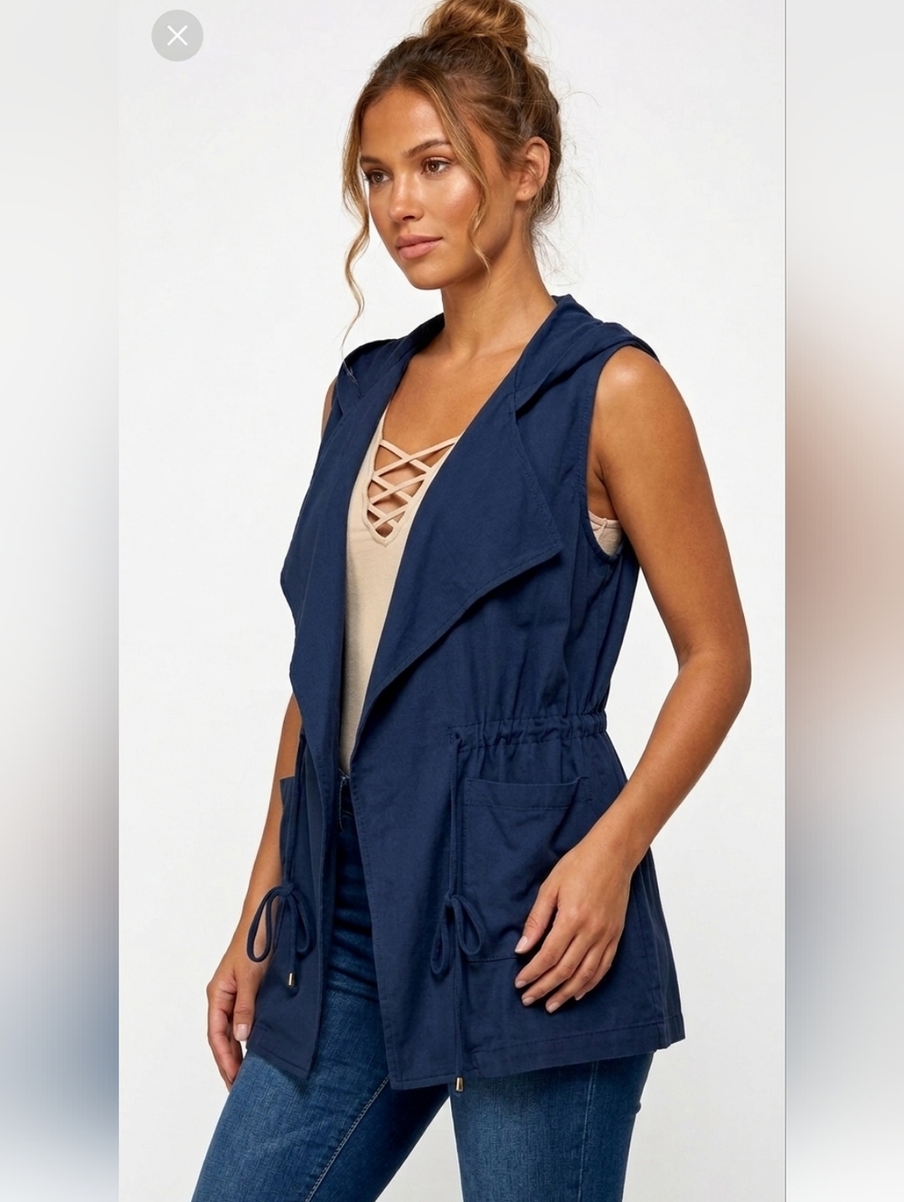 Navy Blue Hooded Utility Vest Draped Open Front Drawstring Waist Sleeveless Jack